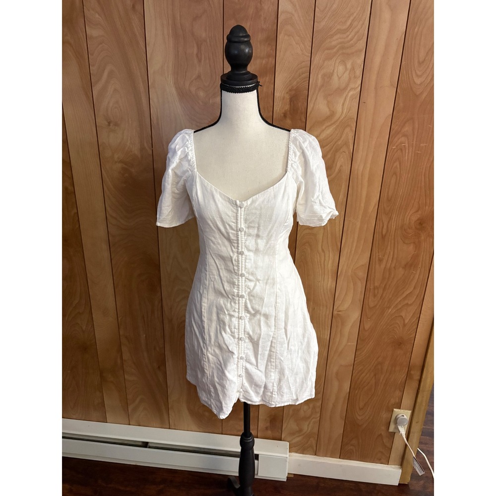 Abercrombie & Fitch White Linen Blend Puff Sleeve‎ Button Front Mini Dress Small